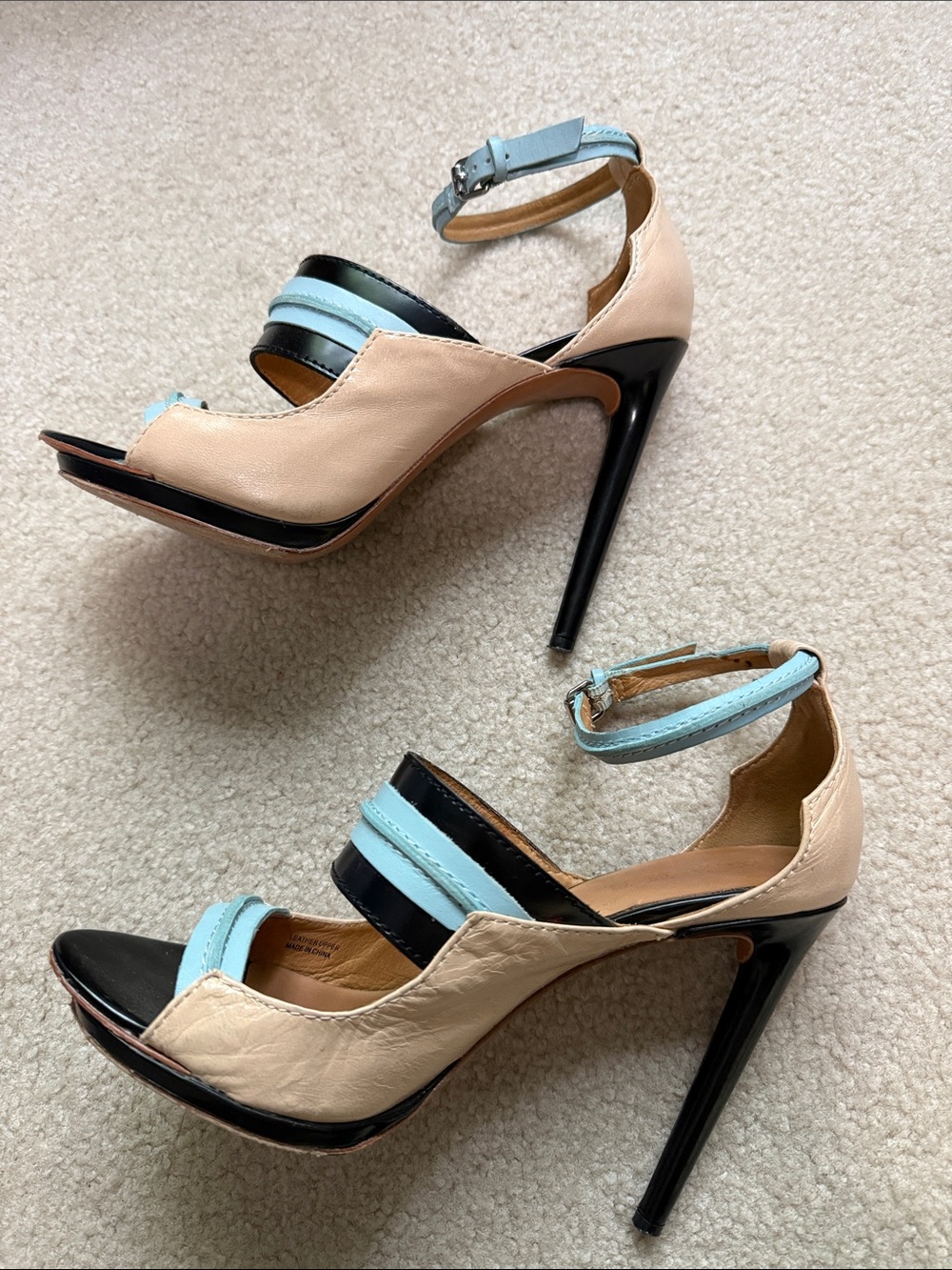 L.A.M.B. Beige, Black & Light Blue Strappy High Heel Sandals